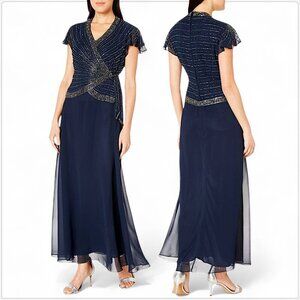 J Kara Navy V-Neck Cap Flutter Sleeve Beaded Side Tie Chiffon Gown New NWT 8